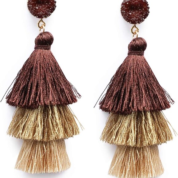 Colorful Layered Tassel Earrings Bohemian Statement Tiered Tassel Big Dangle Dro - Picture 1 of 6